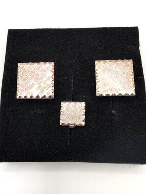 Vintage Silver Tone Textured Square Cufflinks + Matching Lapel Pin Unbranded